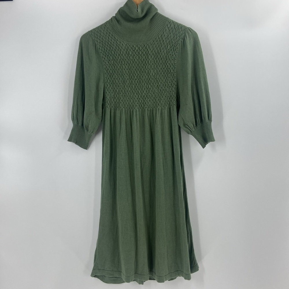 Turtleneck smocked bodice baby doll puff sleeves cotton blend olive green dress